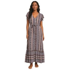 Jaase Boho Mixed Paisley Stripe Button Front Maxi Dress Rust Navy Pink Medium
